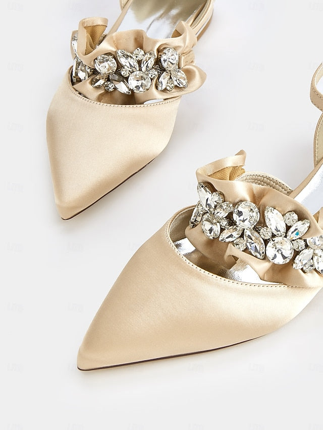 Satin Pointed-Toe with Women's Black Rhinestone Flats