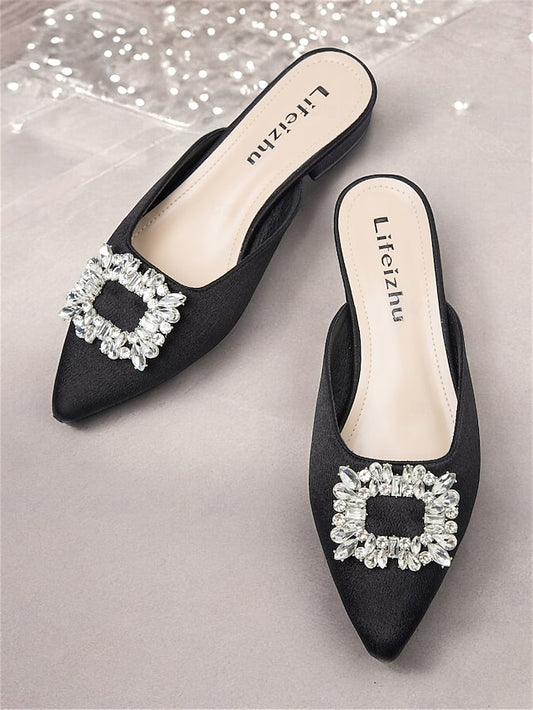 Black with Satin Women's Pointed-Toe Mules Rhinestone