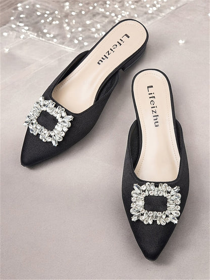 Black Women's Satin with Mules Rhinestone Pointed-Toe