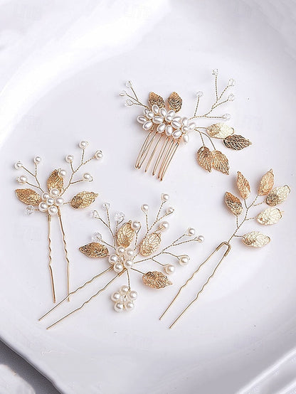 with Faux Pearls Accessory and Bridal Gold Silver Set Hair Leaf