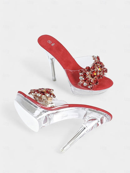 – Women's Embellished Rhinestone Platform Clear Heels