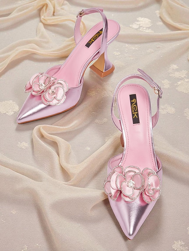 Toe Heels with Satin Floral Pink Pointed Women's