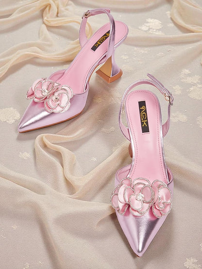 Toe Heels with Satin Floral Pink Pointed Women's