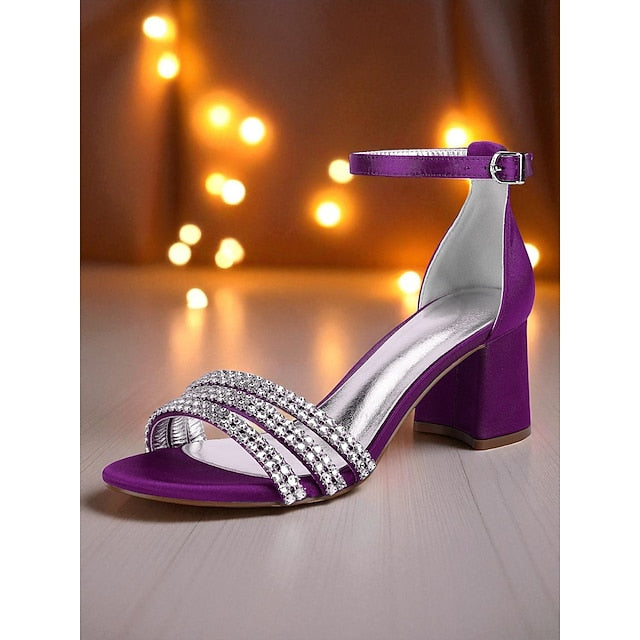 Sandals Purple Rhinestone Satin with Heel Block Women's