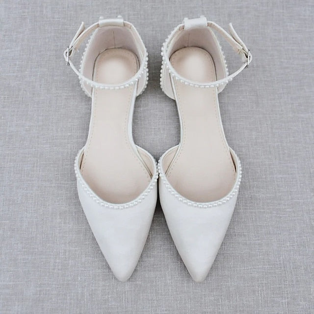 Shoes Women's Flat with Toe Pearl-Embellished White Pointed