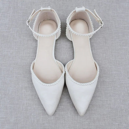 Shoes Women's Flat with Toe Pearl-Embellished White Pointed