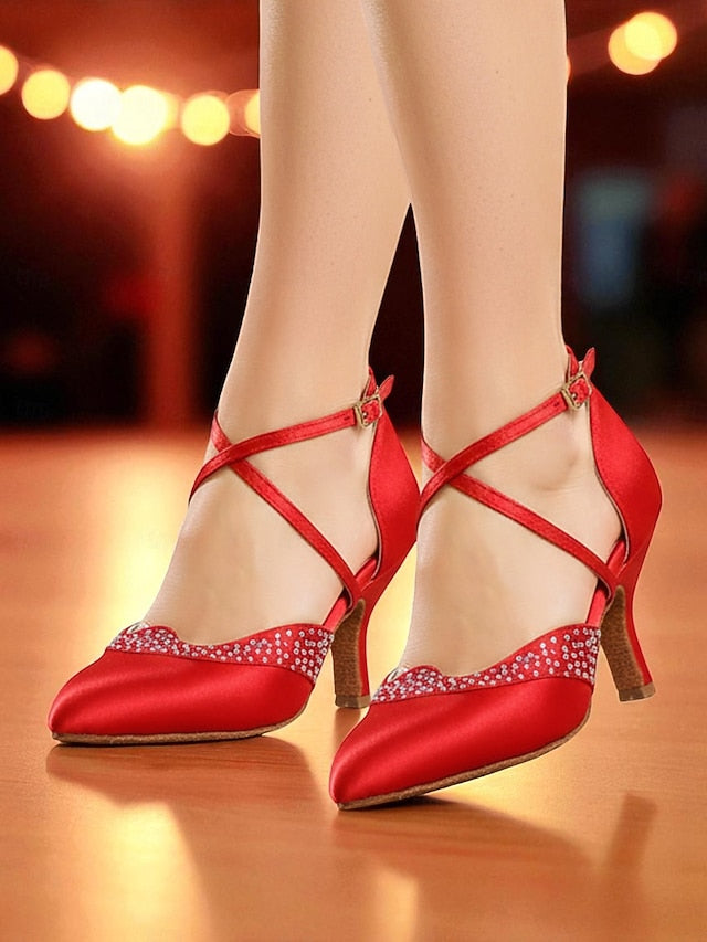 Dance Ballroom Shoes Satin Closed Women's Red Cross Toe -