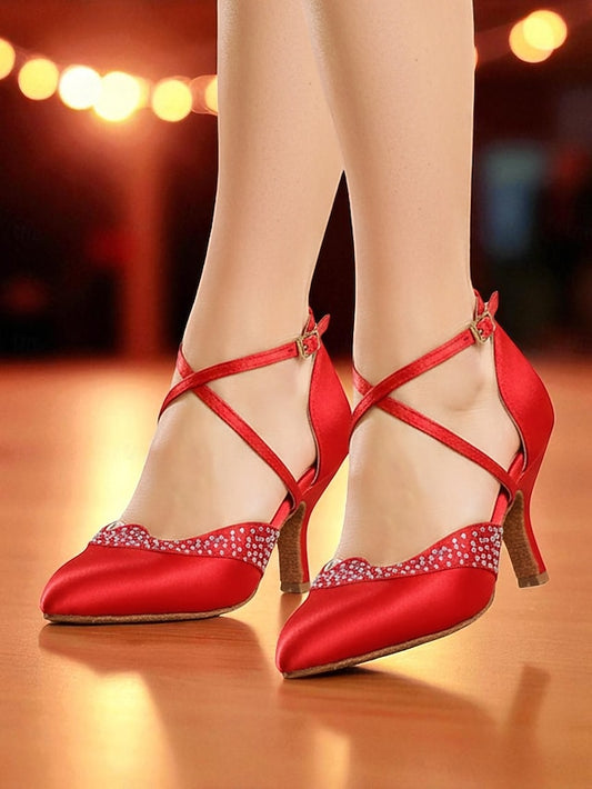 Dance Ballroom Shoes Satin Closed Women's Red Cross Toe -