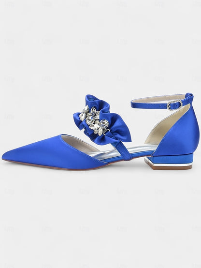 Satin Pointed-Toe with Women's Black Rhinestone Flats