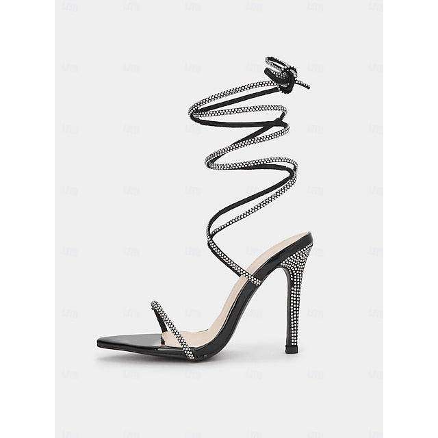 Sexy Sandals Stiletto Women's – Lace-Up Black Rhinestone