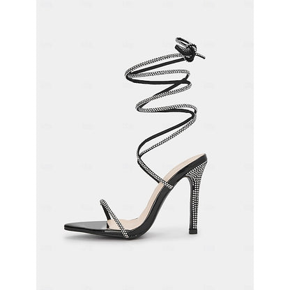 Sexy Sandals Stiletto Women's – Lace-Up Black Rhinestone