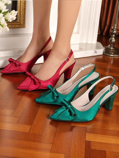 Bow 1950s Heels Green with Satin Vintage Women's Slingback