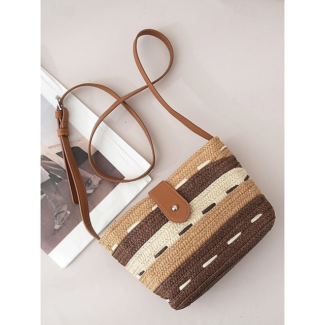 Striped with Bag Colorblock Women's Straw Woven Brown Tote