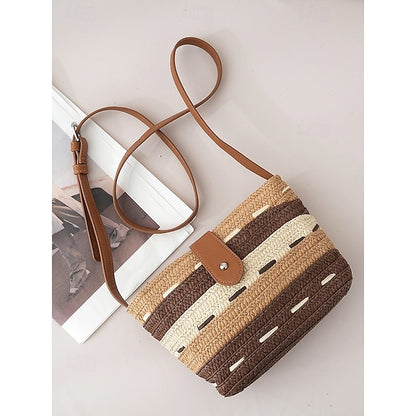 Striped with Bag Colorblock Women's Straw Woven Brown Tote