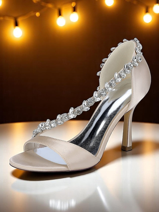 with High T-Strap Champagne Crystal – Women's Heels Satin