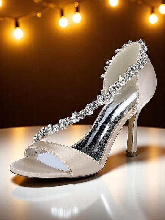 with High T-Strap Champagne Crystal – Women's Heels Satin