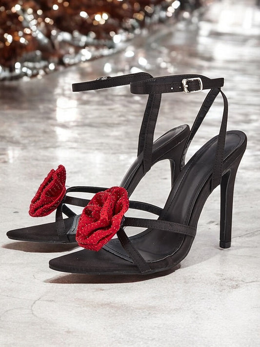 Black Embellishments Heel Chic with High Red - Sandals Floral