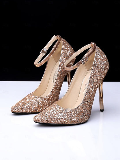 Women's Glitter Stiletto Toe Sparkly Pointed Gold Heels –