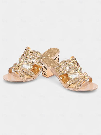 Heeled Embellished and Rhinestone - Green Sandals Gold