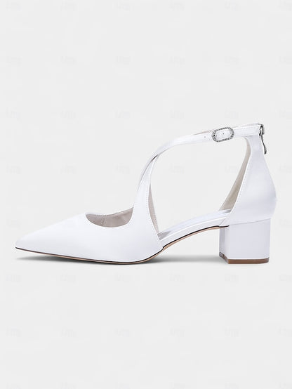 - Block Heels Women's Elegant Toe Pointed Ivory Satin