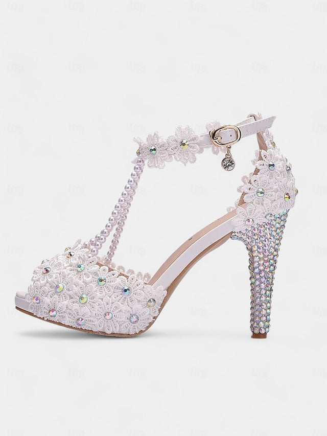 - Floral White Lace T-Strap Sandals Pearl-Decorated Bridal