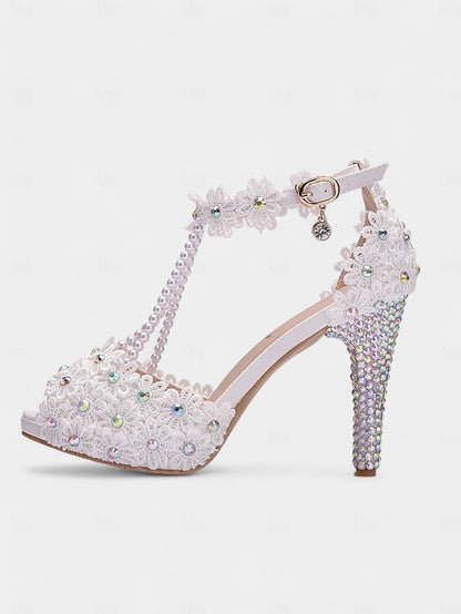 - Floral White Lace T-Strap Sandals Pearl-Decorated Bridal