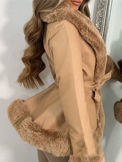 Women's Warm Breathable Faux Leather Jacket Fur Collar