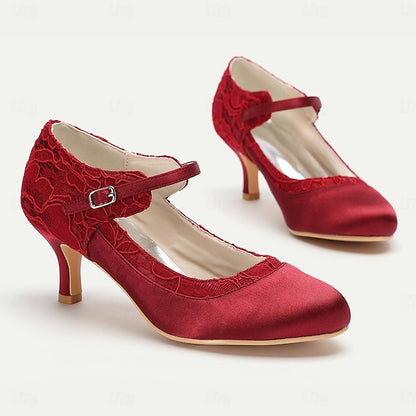 Comfortable Satin Red Mid-Heel Lace Heels - Women's Elegant