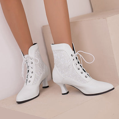 Panels Lace-Up Boots Ankle Women's White with Embroidered