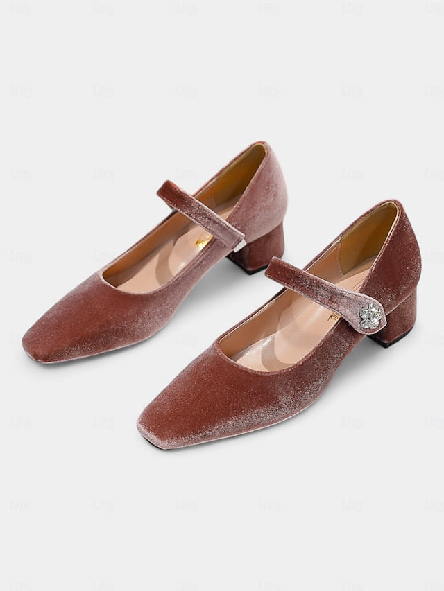 Mary Jane Toe Pumps Green Square - Block Velvet Women's