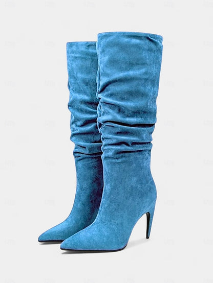 Boots Toe Velvet Pointed - Green Slouch Women's High Knee