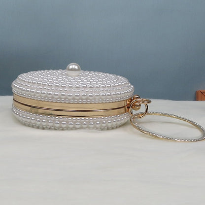 Pearl-Embellished Pearl Stiletto Round Set and Heels White Purse