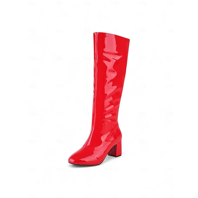 Block Red Women's Knee High Boots with Heel Patent Leather