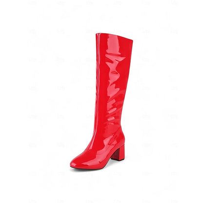 Block Red Women's Knee High Boots with Heel Patent Leather