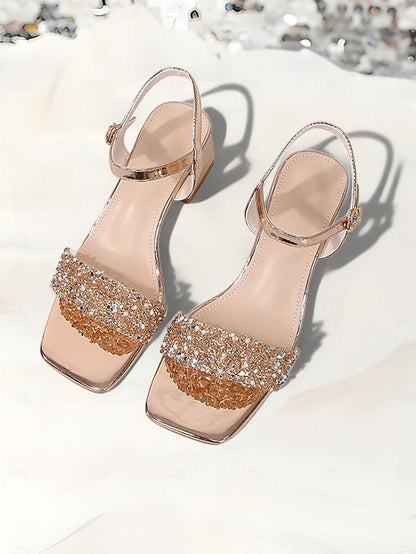 – for Gold Women Elegant Block Heel Wedding Rhinestone Sandals