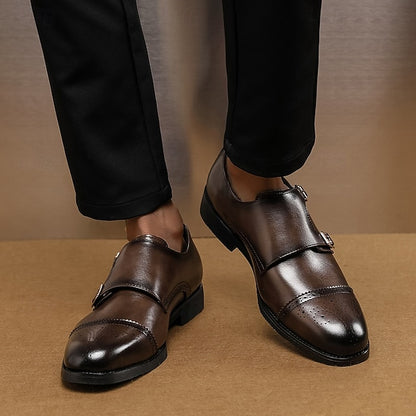 Monk Brown Double with Strap Shoes Men's Leather Faux