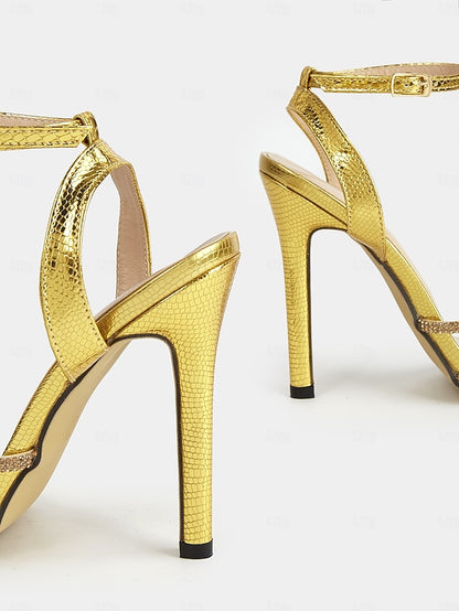 Rhinestone-Embellished Open-Toe Gold Stiletto for Sandals Women