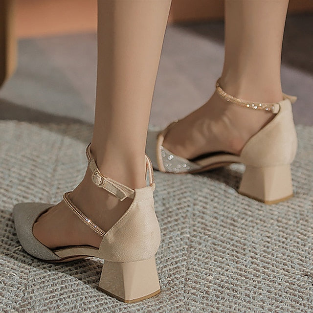 Glitter Heels Ankle with Block Mesh Pointed Toe Women's