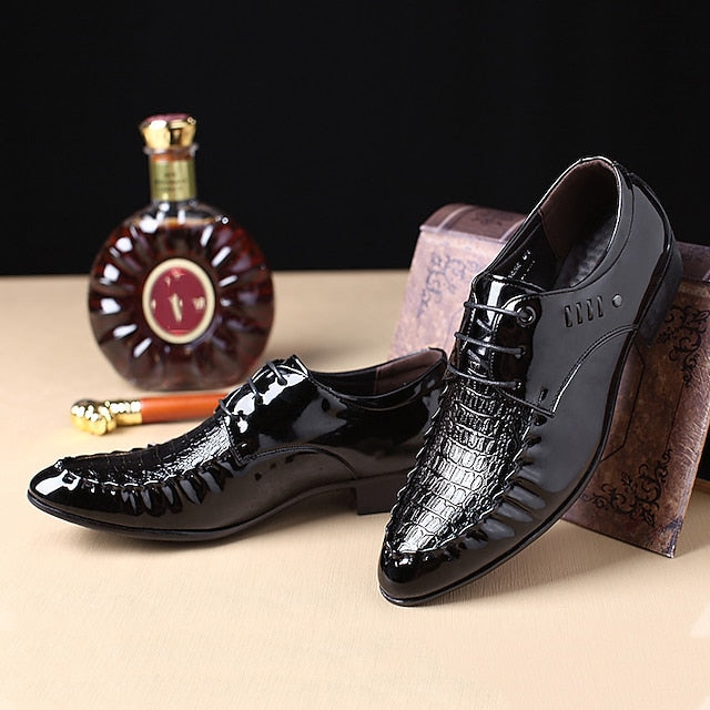 Black - Men's Leather Shoes Faux Crocodile Patent
