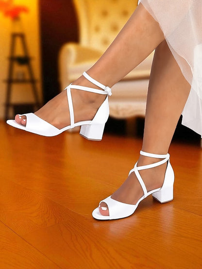 Sandals with Heel Women's Satin Strap Ankle - Elegant Block