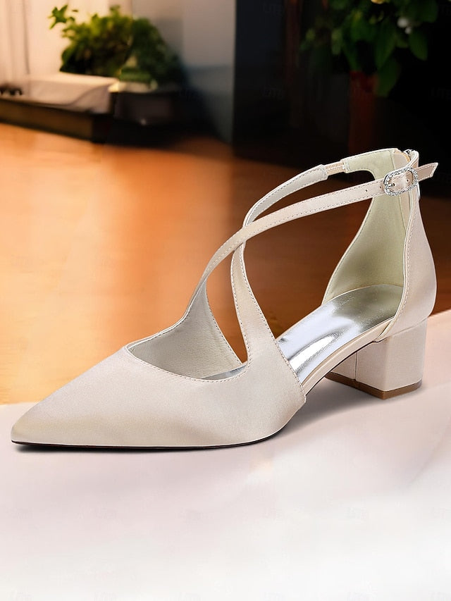 Ivory Women's Pointed Heels Satin Block Elegant Toe -