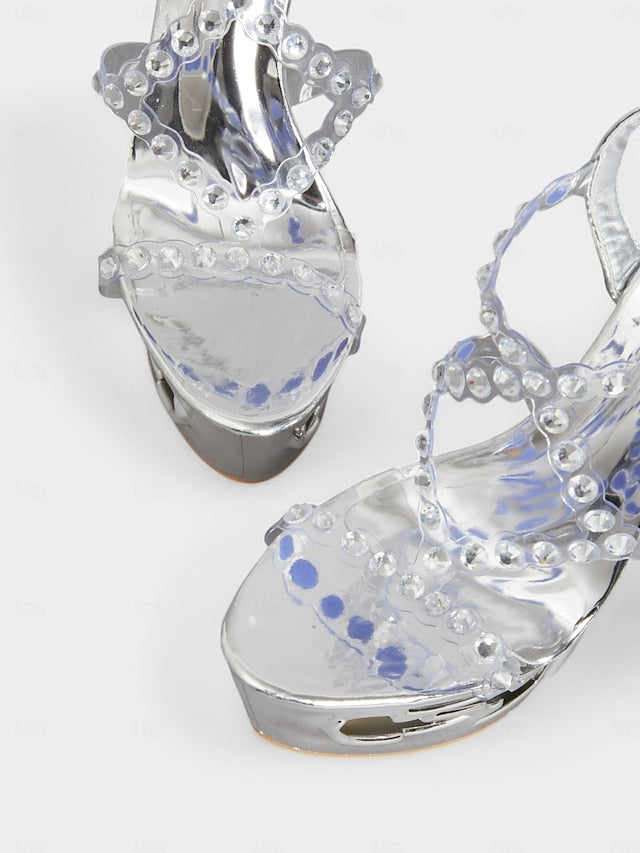 Stiletto – Women Rhinestone Sandals Elegant Silver Dance for