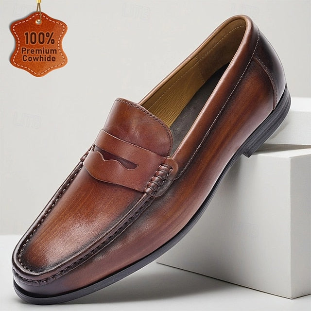 Brown Loafers Slip-On Men's Shoes Leather Penny with