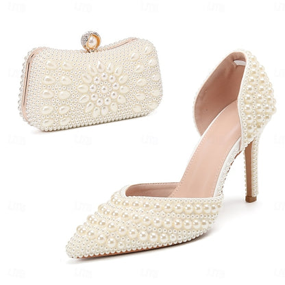 Set Women's and Stiletto – Pearl Bag White Clutch Heels
