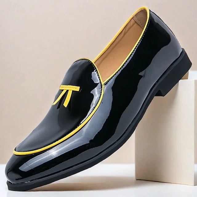 Leather Loafers Men's with Trim Yellow Patent Black Faux