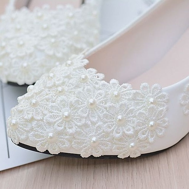 White Pearl Lace Wedding Floral Heels – Women's Decorated