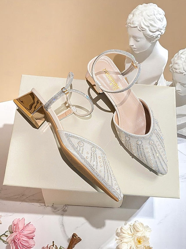 Block with Pointed Toe Ivory Pearl Heels Women's and