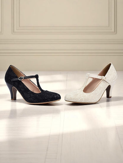 Lace Heel Pumps-1920s T-Strap Mid Ivory Vintage Women's