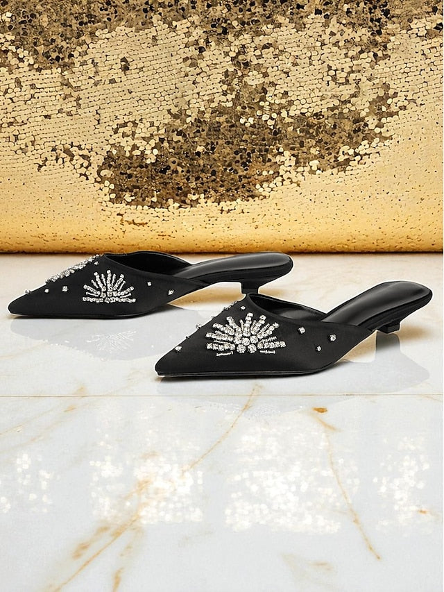 Satin Pointed Black Mules Rhinestone Women's with Toe