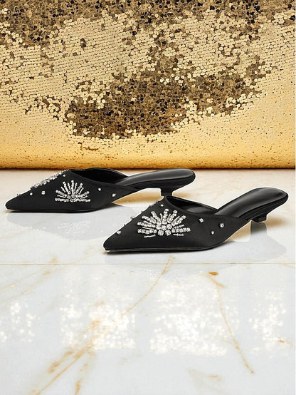 Satin Pointed Black Mules Rhinestone Women's with Toe